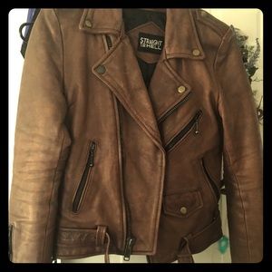 Women’s brown leather biker style coat
